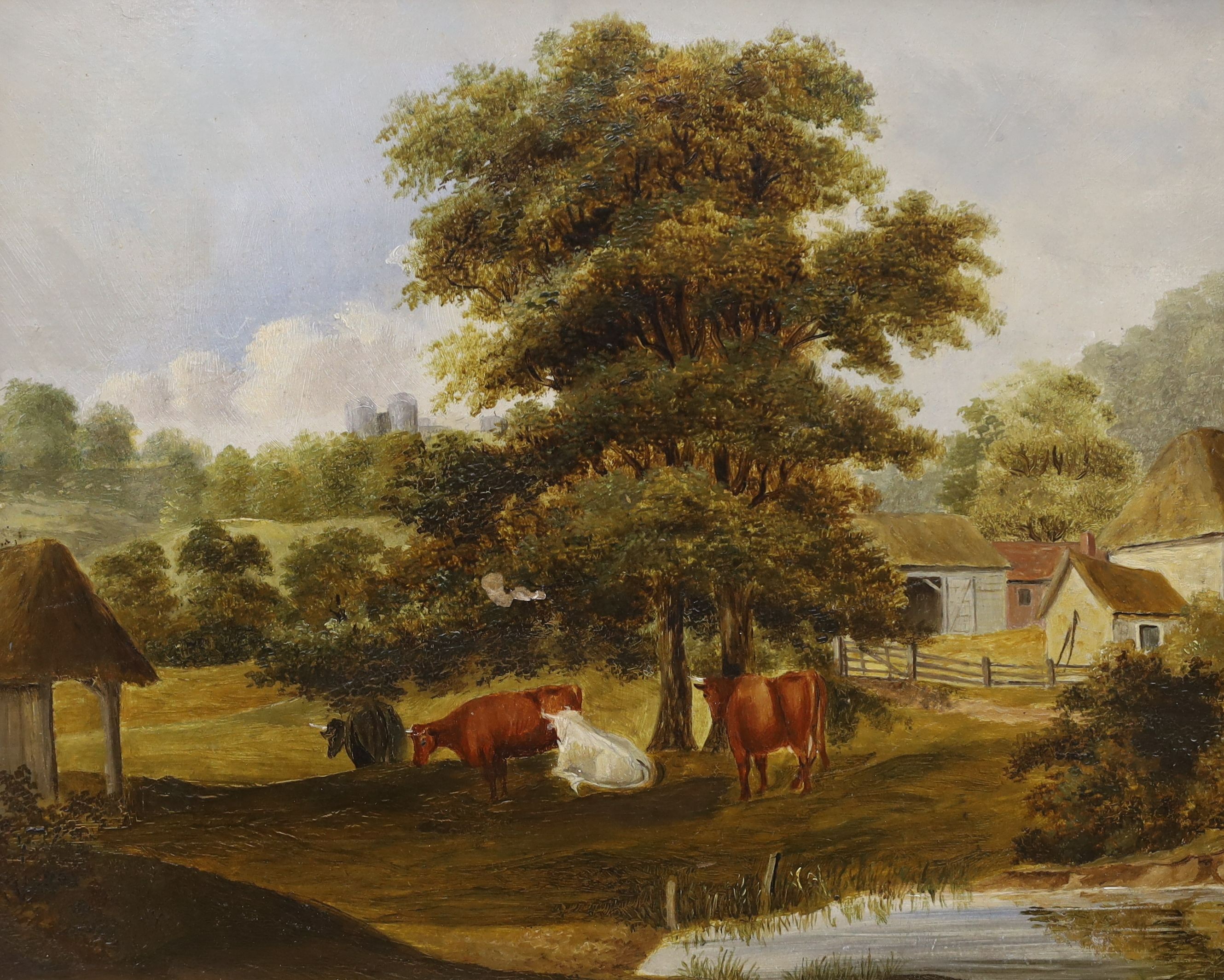 Two 19th century oils on board, landscape, signed indistinctly, and the other depicting cattle in yard, 25 x 19cm, 23 x 29.5cm